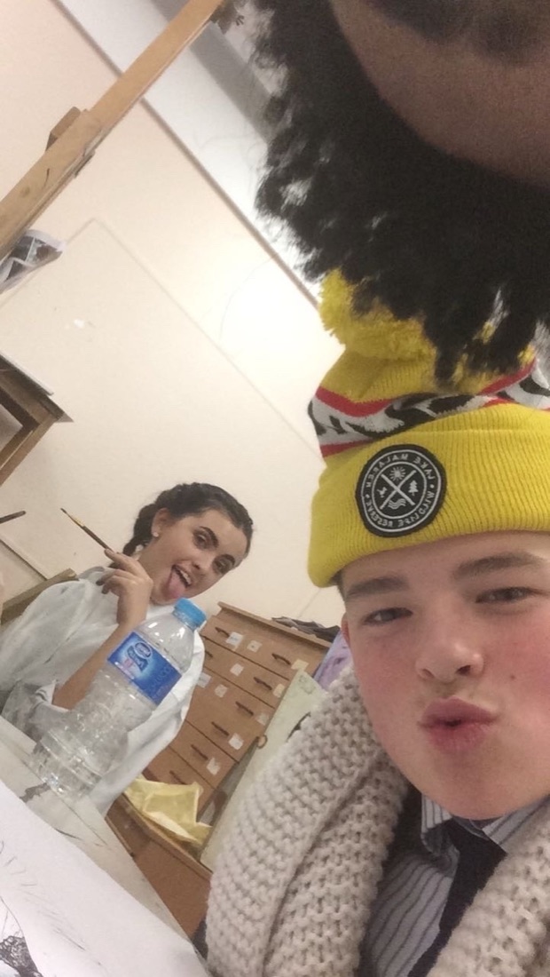Ben and Niamh larking about in their sixth-form art class