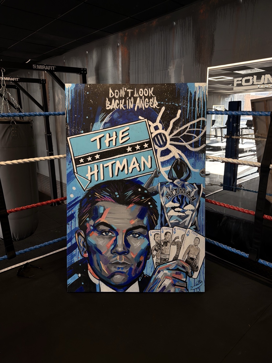 ‘The Hitman’: a bold painted canvas of Ricky Hatton, with the Manchester bee and his career opponents drawn as playing cards