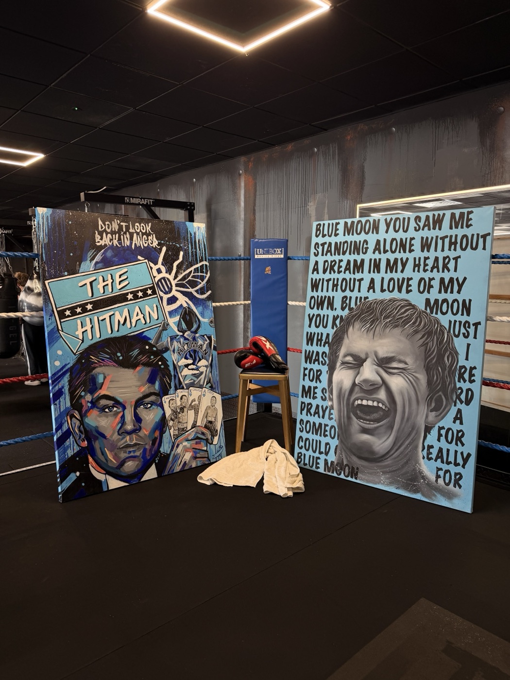 The pair of Ricky Hatton canvases on display ringside, boxing gloves resting between them