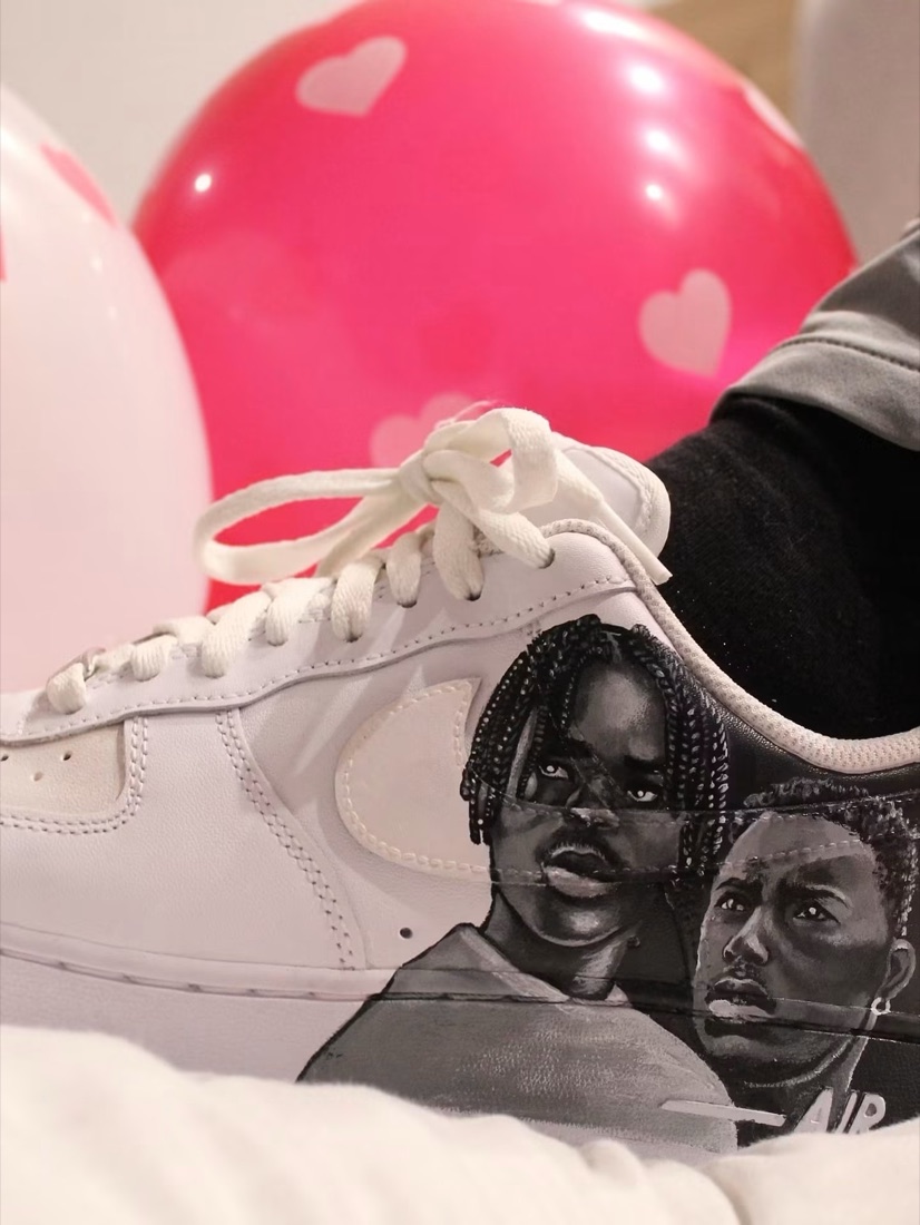 Custom Air Force 1 trainers hand-painted by Niamh with black-and-white portraits