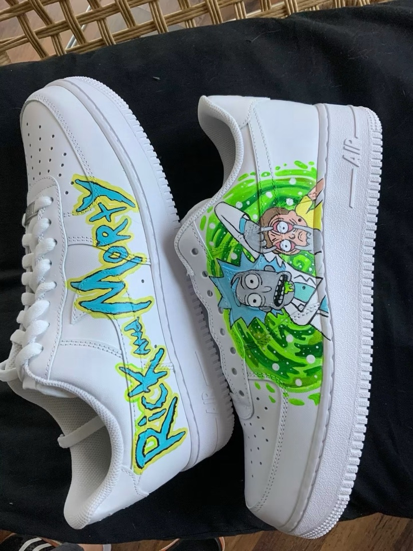 Custom Air Force 1 trainers hand-painted by Niamh with a Rick and Morty design