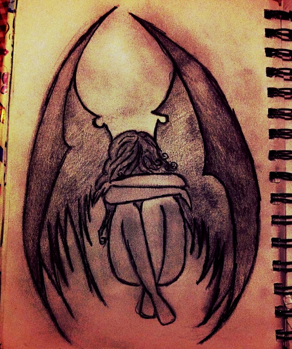 An early sketchbook drawing by Niamh, a winged figure curled up