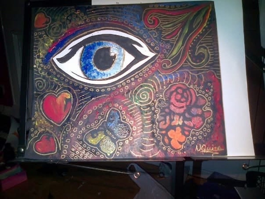 An early acrylic painting by Niamh, an ornate eye surrounded by hearts and swirls