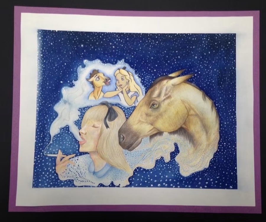An early coloured pencil drawing by Niamh, a girl and a horse in a starry sky