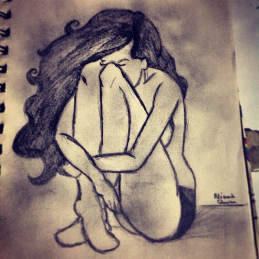 An early pencil sketch by Niamh, a figure with long hair curled up