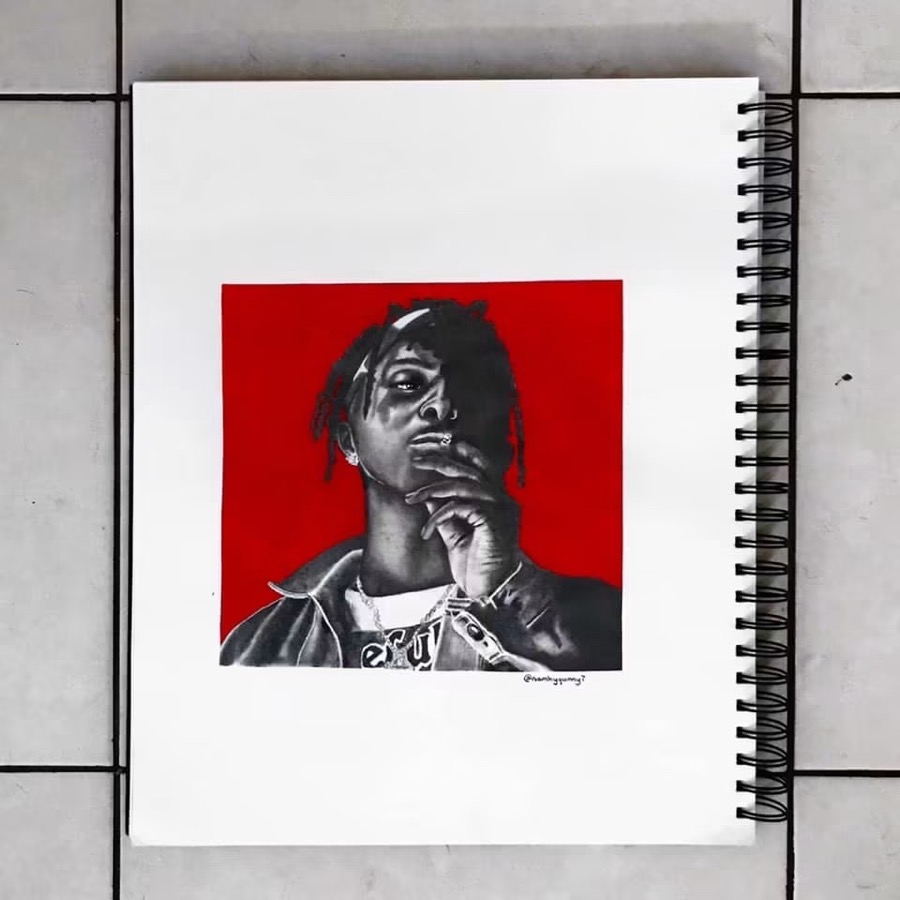 A charcoal portrait by Niamh on a bold red background