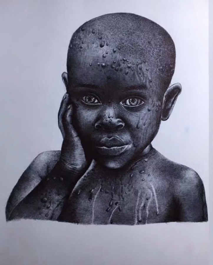 A hyper-realistic charcoal drawing by Niamh of a child with water droplets