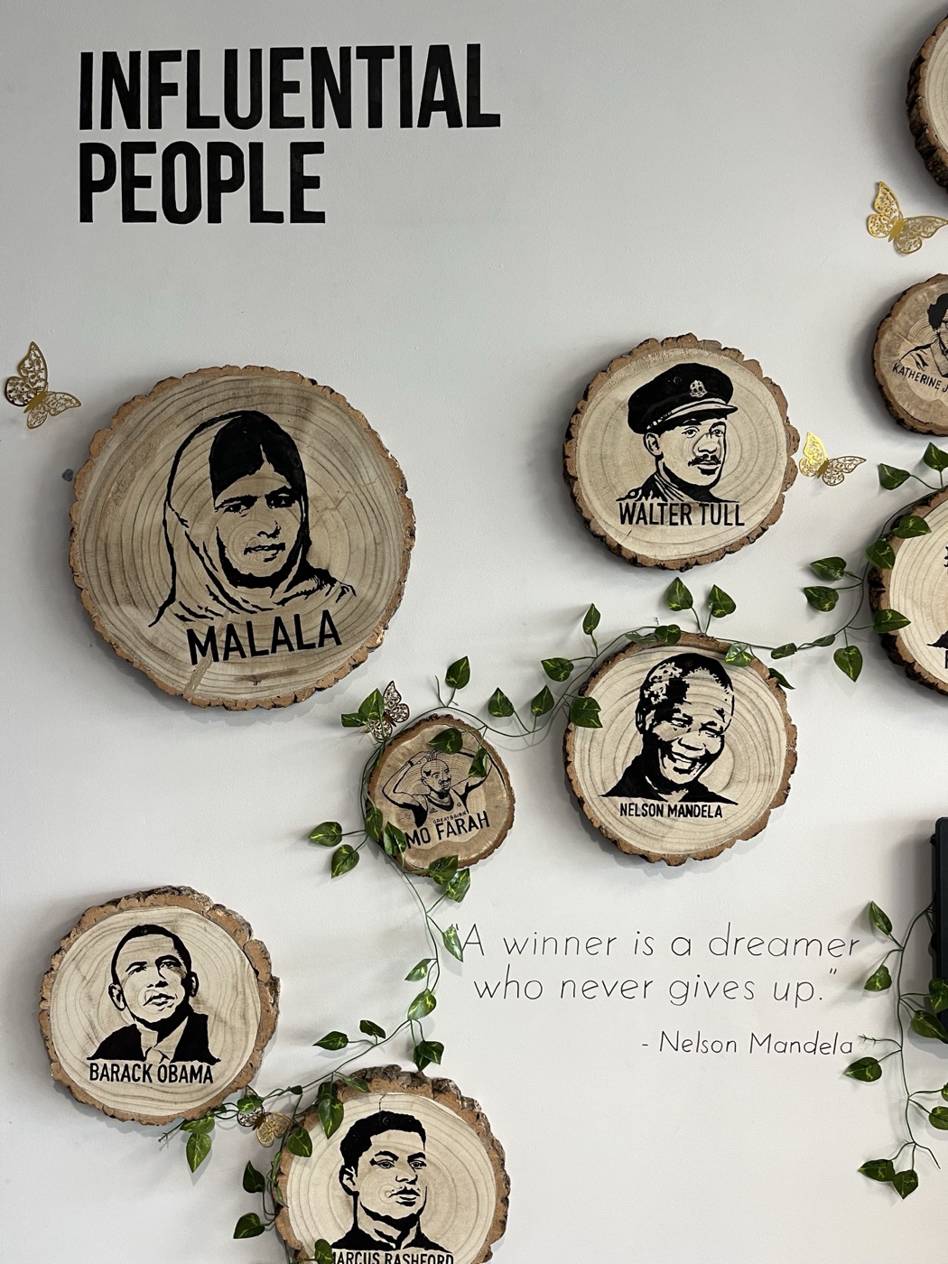 An ‘Influential People’ school wall featuring Malala, Nelson Mandela, Barack Obama and Marcus Rashford